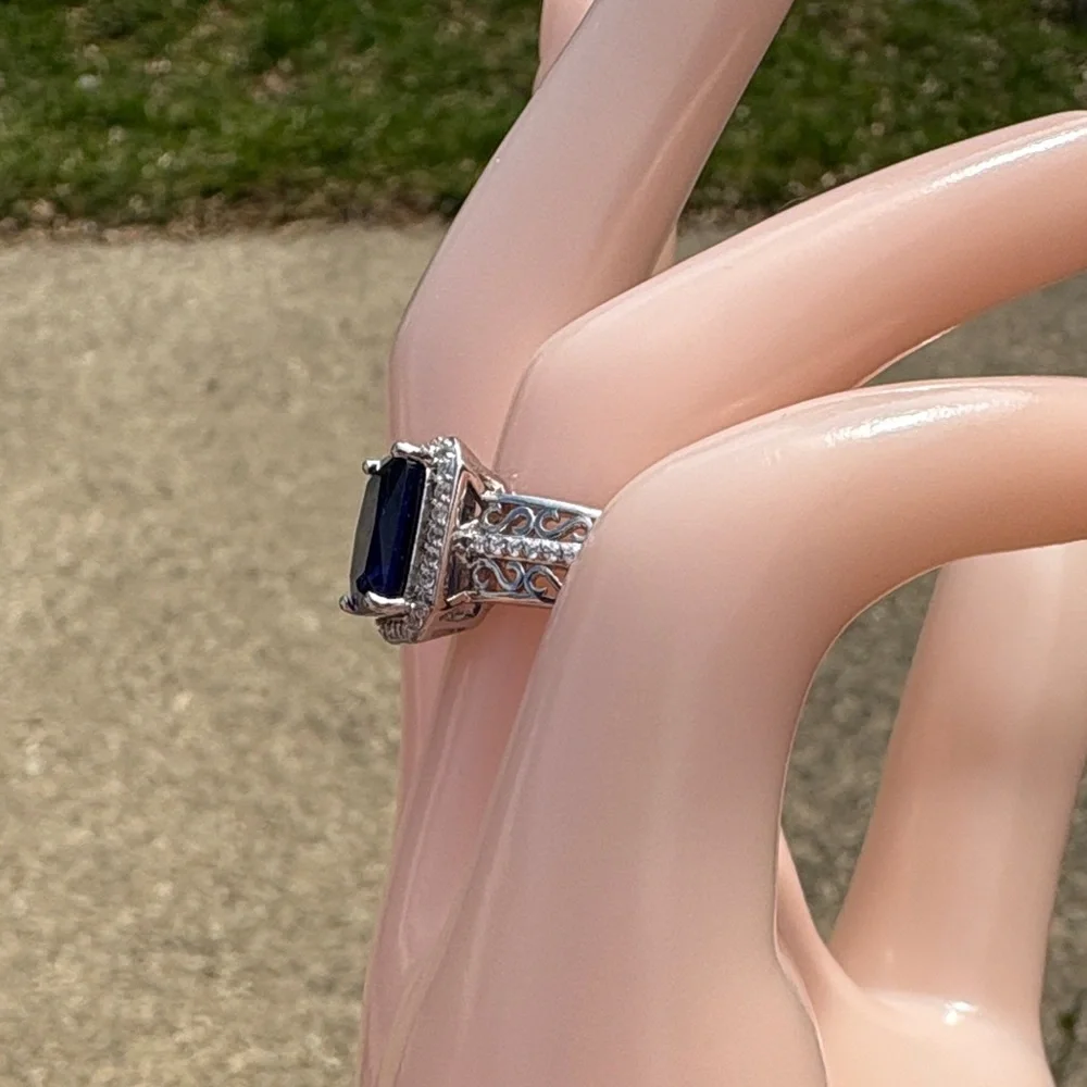 Radiant Cut 3.10 ct Lab Created Sapphire Ring Blue & White Sterling Size 7